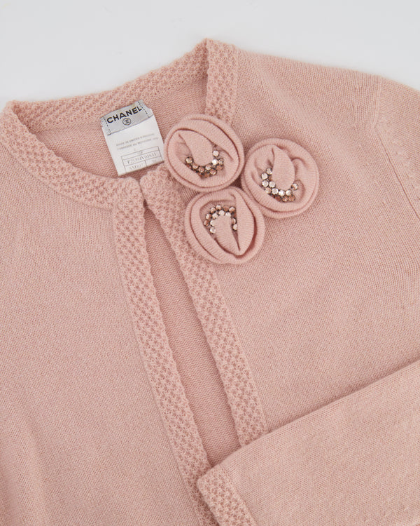 Chanel Spring 2005 Vintage Pink Cashmere Cardigan with Floral Crystals Size FR 38 (UK 10)