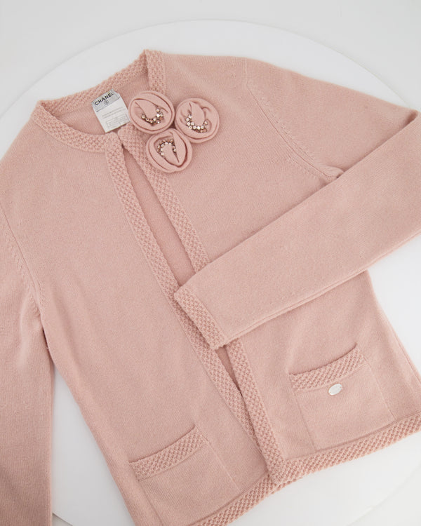 Chanel Spring 2005 Vintage Pink Cashmere Cardigan with Floral Crystals Size FR 38 (UK 10)