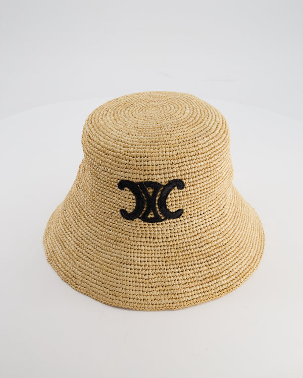 Celine Beige Raffia Woven Bucket Hat with Black Triomphe Logo Detail Size S