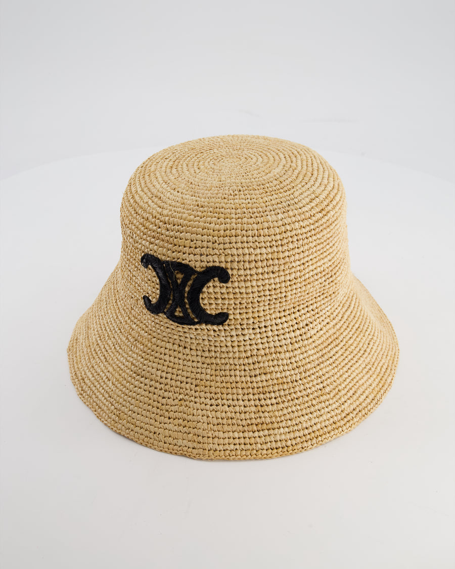 Celine Beige Raffia Woven Bucket Hat with Black Triomphe Logo Detail Size S