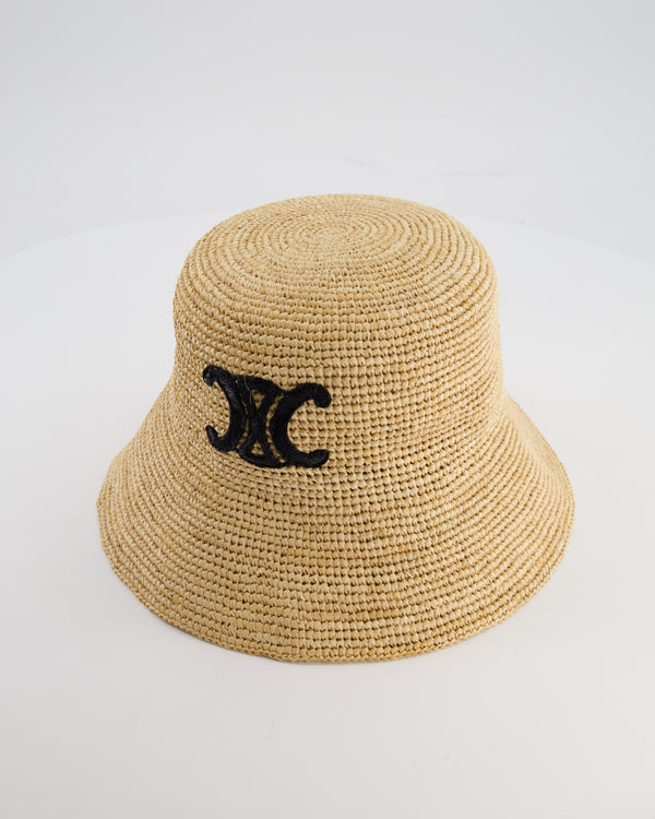 Celine Beige Raffia Woven Bucket Hat with Black Triomphe Logo Detail Size S