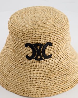 Celine Beige Raffia Woven Bucket Hat with Black Triomphe Logo Detail Size S