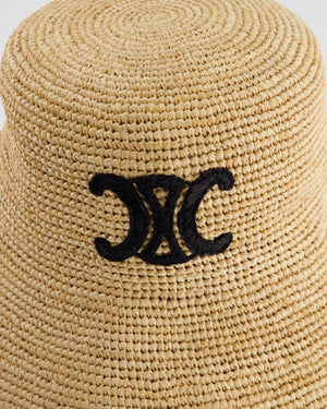 Celine Beige Raffia Woven Bucket Hat with Black Triomphe Logo Detail Size S
