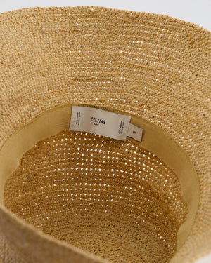 Celine Beige Raffia Woven Bucket Hat with Black Triomphe Logo Detail Size S