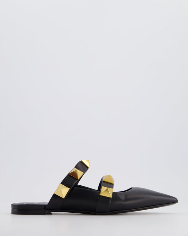 Valentino Black Leather Gold Roman Stud Pointed Mules Size EU 37
