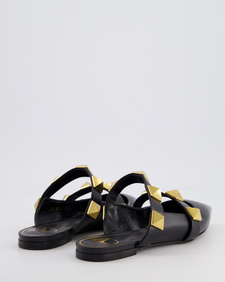 Valentino Black Leather Gold Roman Stud Pointed Mules Size EU 37