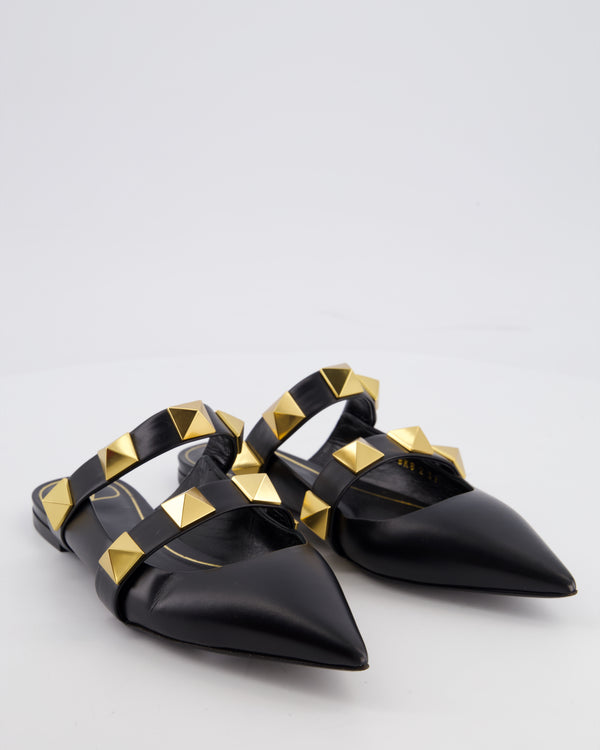 Valentino Black Leather Gold Roman Stud Pointed Mules Size EU 37
