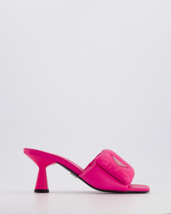 Prada Pink Soft Padded Nappa Leather Mules with Silver Logo Detail Size EU 37