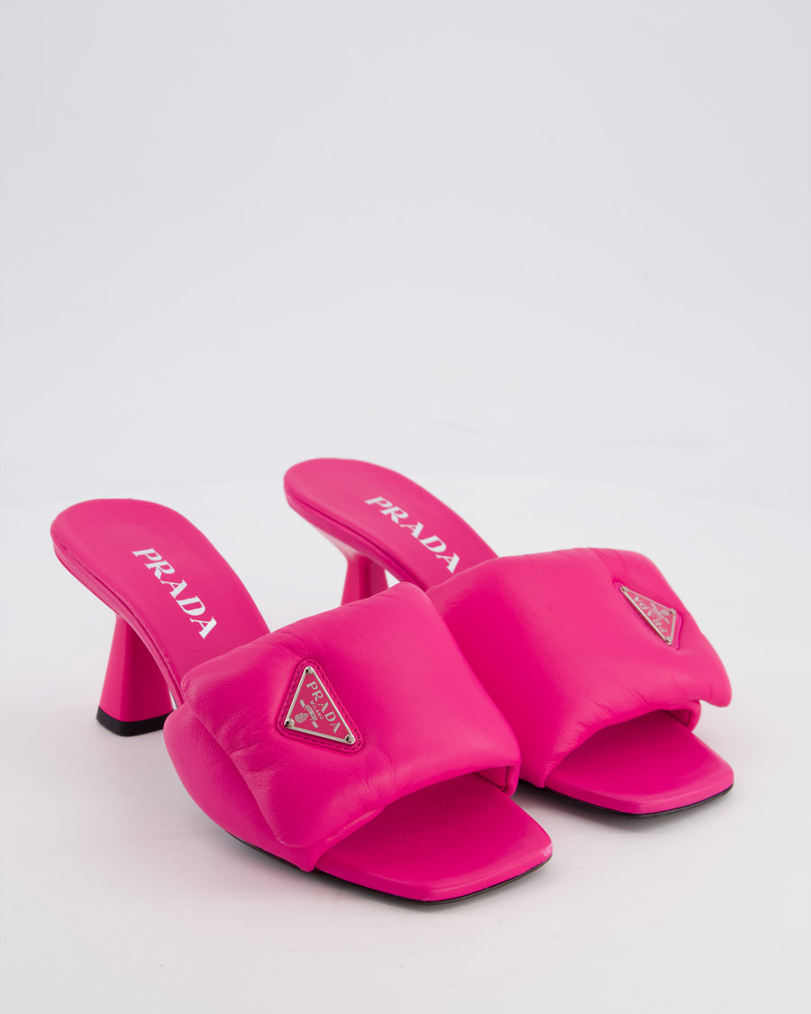 Prada Pink Soft Padded Nappa Leather Mules with Silver Logo Detail Size EU 37