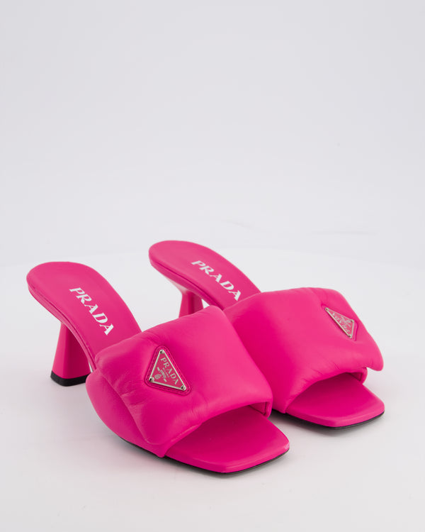 Prada Pink Soft Padded Nappa Leather Mules with Silver Logo Detail Size EU 37