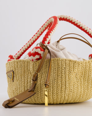 Prada Beige Small Crotchet Bag with Red & White Rope Handles & Tan Leather Charm Detail