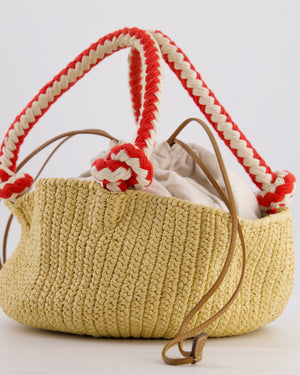 Prada Beige Small Crotchet Bag with Red & White Rope Handles & Tan Leather Charm Detail