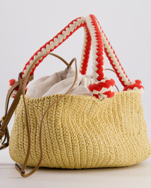 Prada Beige Small Crotchet Bag with Red & White Rope Handles & Tan Leather Charm Detail
