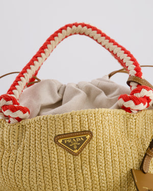 Prada Beige Small Crotchet Bag with Red & White Rope Handles & Tan Leather Charm Detail