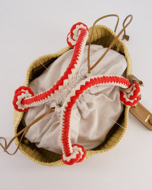 Prada Beige Small Crotchet Bag with Red & White Rope Handles & Tan Leather Charm Detail