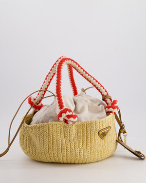 Prada Beige Small Crotchet Bag with Red & White Rope Handles & Tan Leather Charm Detail