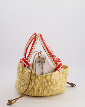 Prada Beige Small Crotchet Bag with Red & White Rope Handles & Tan Leather Charm Detail