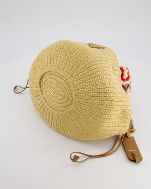 Prada Beige Small Crotchet Bag with Red & White Rope Handles & Tan Leather Charm Detail