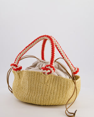 Prada Beige Small Crotchet Bag with Red & White Rope Handles & Tan Leather Charm Detail