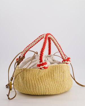 Prada Beige Small Crotchet Bag with Red & White Rope Handles & Tan Leather Charm Detail