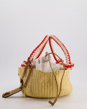 Prada Beige Small Crotchet Bag with Red & White Rope Handles & Tan Leather Charm Detail