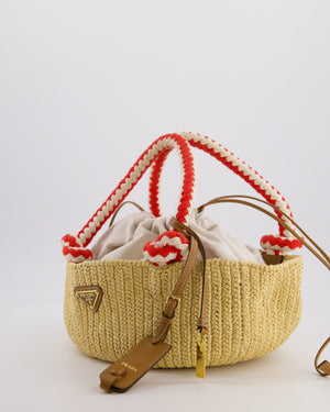 Prada Beige Small Crotchet Bag with Red & White Rope Handles & Tan Leather Charm Detail