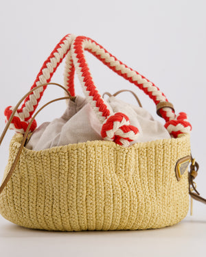 Prada Beige Small Crotchet Bag with Red & White Rope Handles & Tan Leather Charm Detail