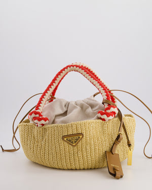 Prada Beige Small Crotchet Bag with Red & White Rope Handles & Tan Leather Charm Detail