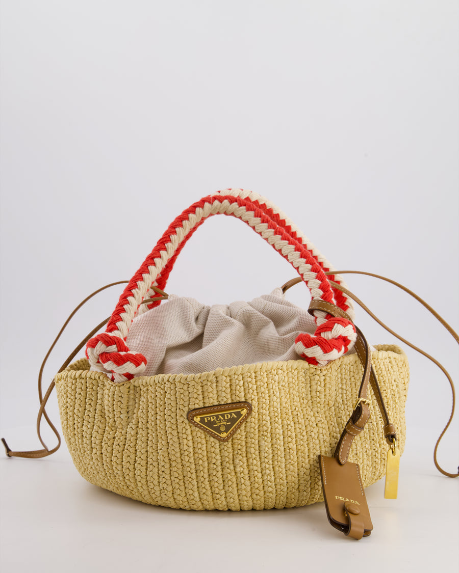 Prada Beige Small Crotchet Bag with Red & White Rope Handles & Tan Leather Charm Detail