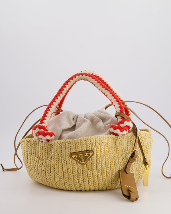 Prada Beige Small Crotchet Bag with Red & White Rope Handles & Tan Leather Charm Detail
