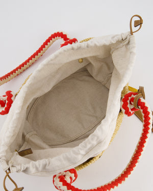 Prada Beige Small Crotchet Bag with Red & White Rope Handles & Tan Leather Charm Detail