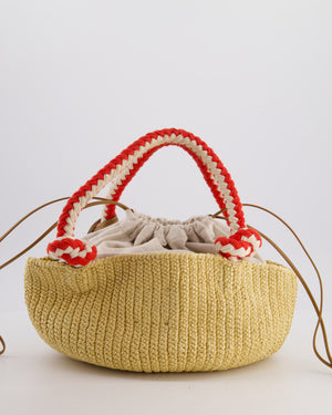 Prada Beige Small Crotchet Bag with Red & White Rope Handles & Tan Leather Charm Detail