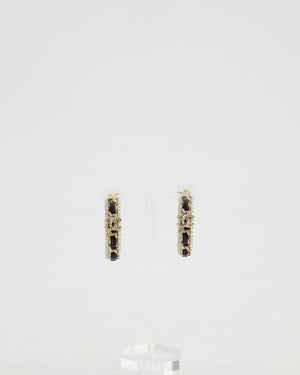 Chanel 2023 Gold, Black Leather and Crystal Embellished CC Logo Hoop Earrings