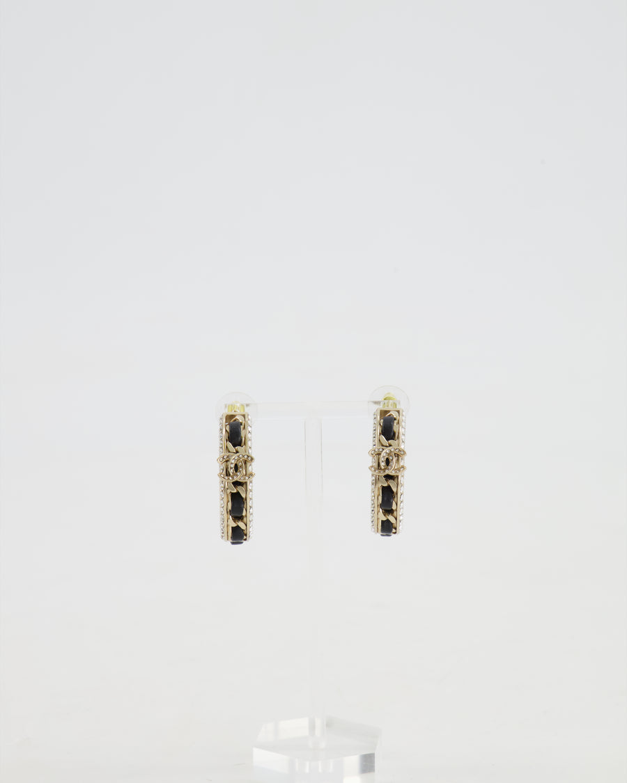 Chanel 2023 Gold, Black Leather and Crystal Embellished CC Logo Hoop Earrings