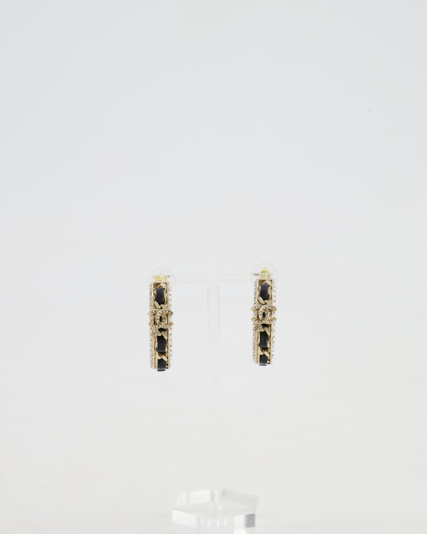 Chanel 2023 Gold, Black Leather and Crystal Embellished CC Logo Hoop Earrings