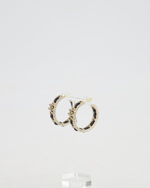 Chanel 2023 Gold, Black Leather and Crystal Embellished CC Logo Hoop Earrings