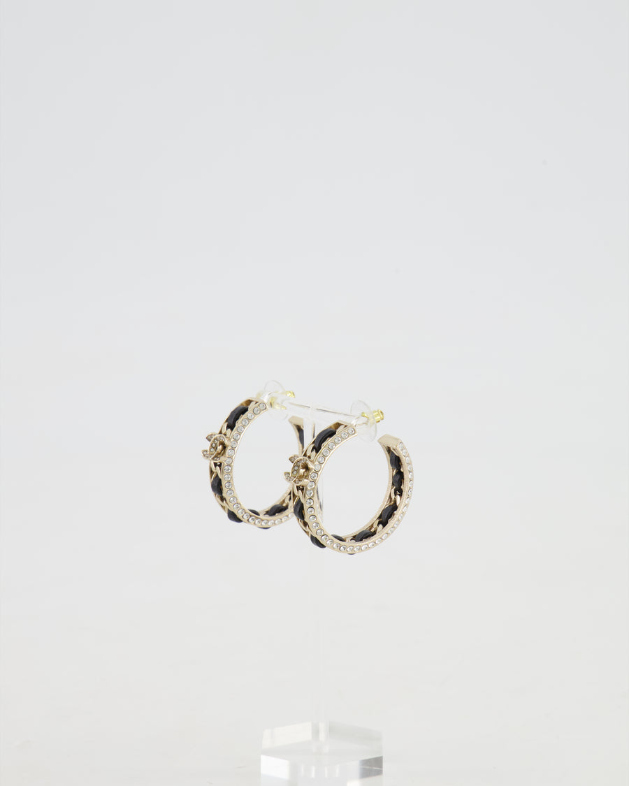 Chanel 2023 Gold, Black Leather and Crystal Embellished CC Logo Hoop Earrings