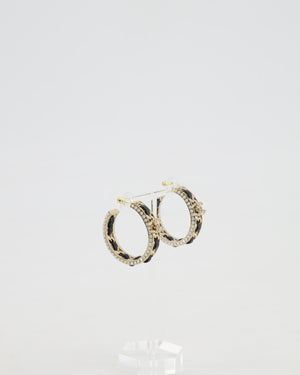 Chanel 2023 Gold, Black Leather and Crystal Embellished CC Logo Hoop Earrings