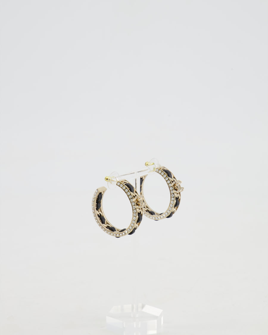 Chanel 2023 Gold, Black Leather and Crystal Embellished CC Logo Hoop Earrings