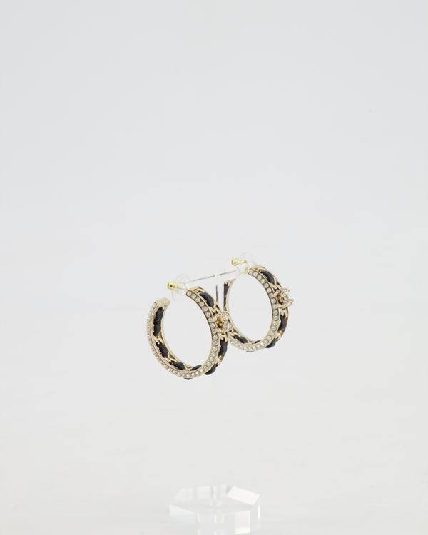 Chanel 2023 Gold, Black Leather and Crystal Embellished CC Logo Hoop Earrings