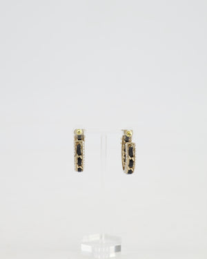 Chanel 2023 Gold, Black Leather and Crystal Embellished CC Logo Hoop Earrings