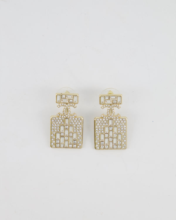 *HOT* Chanel 2023 Gold Crystal Embellished CC Logo Perfume Bottle Earrings