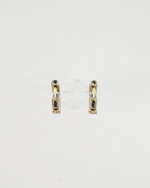 Chanel 2023 Gold, Black Leather and Crystal Embellished CC Logo Hoop Earrings