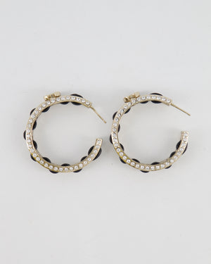 Chanel 2023 Gold, Black Leather and Crystal Embellished CC Logo Hoop Earrings