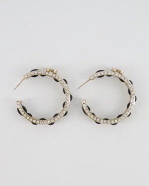 Chanel 2023 Gold, Black Leather and Crystal Embellished CC Logo Hoop Earrings