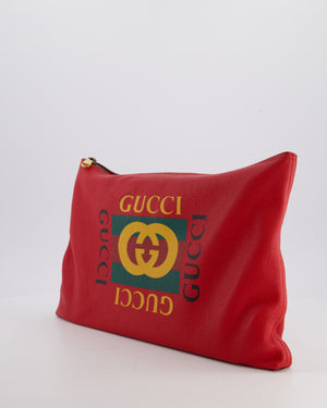 Gucci GG Logo Red Pebbled Leather Clutch Bag