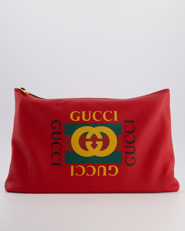 Gucci GG Logo Red Pebbled Leather Clutch Bag