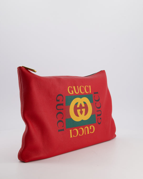 Gucci GG Logo Red Pebbled Leather Clutch Bag