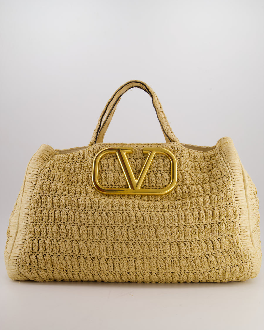 Valentino Beige Crochet Tote Bag with Gold Logo Detail
