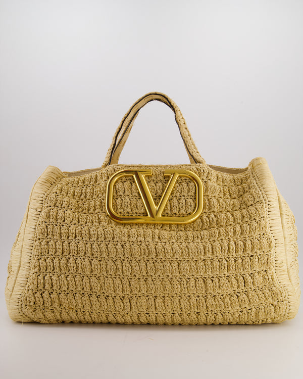 Valentino Beige Crochet Tote Bag with Gold Logo Detail